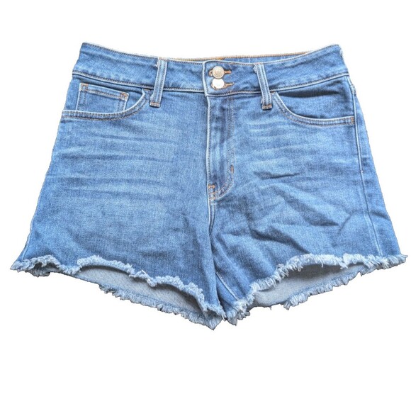 Just Black Women Shorts Blue Double Button Raw Fringe Hem Mid Rise Size 28 - Picture 1 of 9